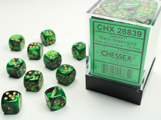 Chessex - Gemini 12mm D6 - Black-Green w/gold Dice Block(36 dice)