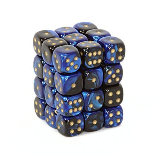Chessex - Gemini 12mm D6 - Black-Blue w/gold Dice Block(36 dice)