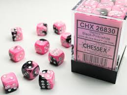 Chessex - Gemini 12mm D6 - Black-Pink w/white Dice Block(36 dice)
