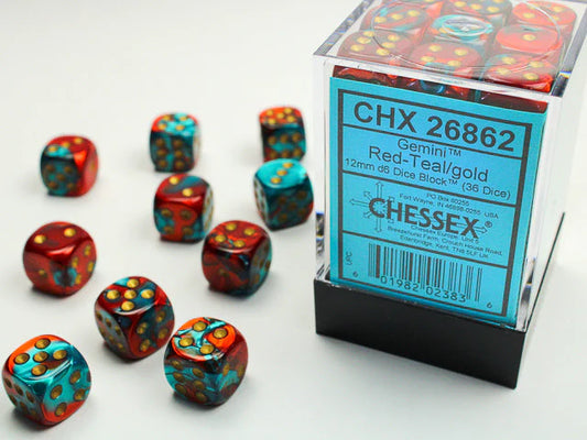 Chessex - Gemini 12mm D6 -  Red-Teal/gold Dice Block (36 dice)